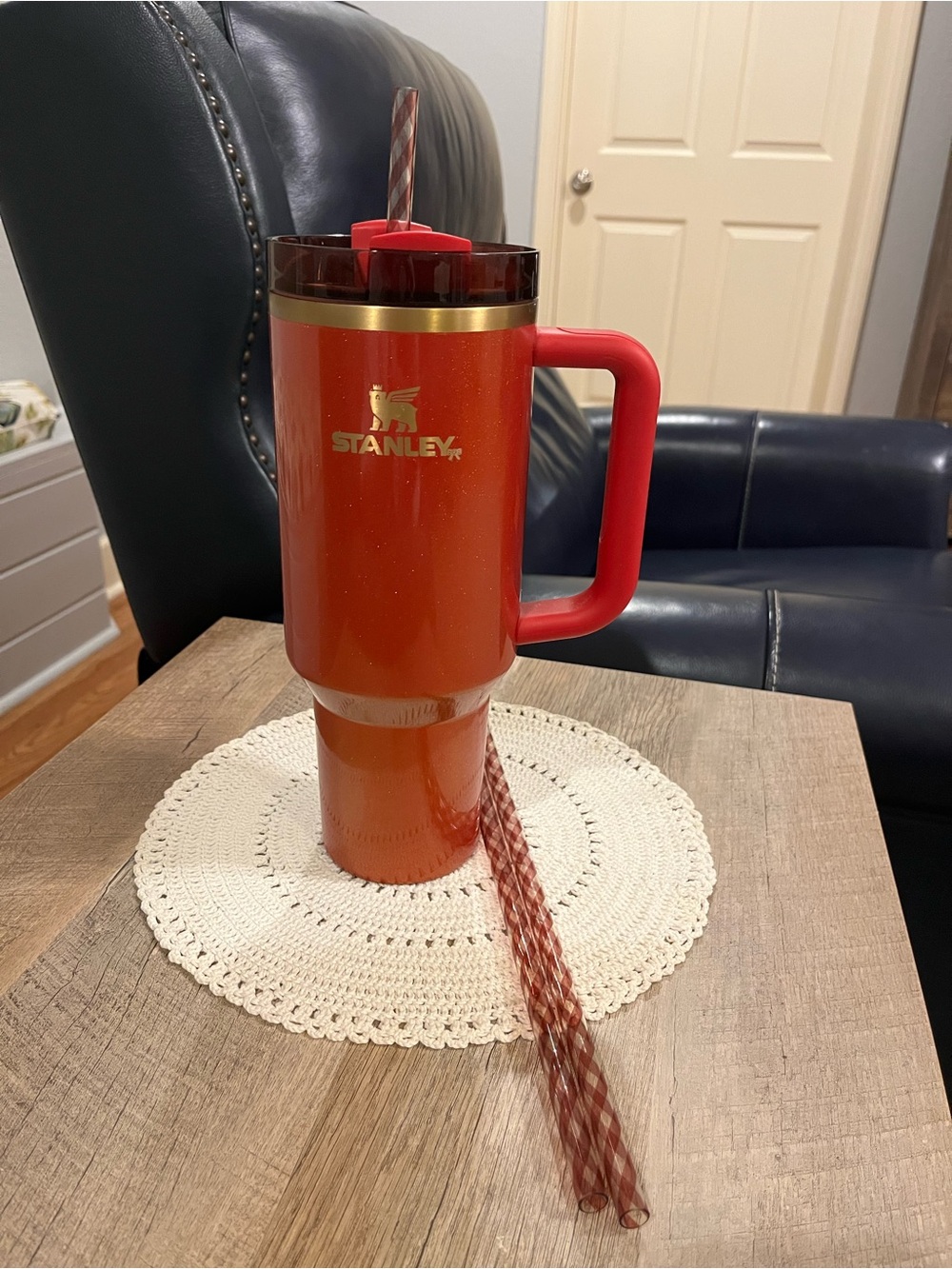 Stanley Red Travel Tumbler with Handle and Straw